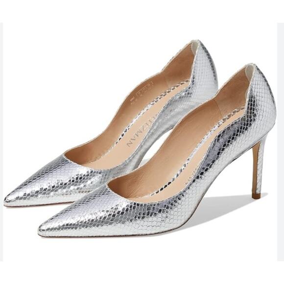 Stuart Weitzman Stuart 85 Scallop Pump Silver Metallic Snake Leather Sz 8.5 NIB - Picture 1 of 12
